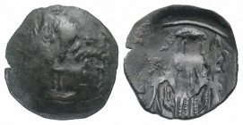 Andronicus II Palaeologus. 1282-1328. AE trachy (22.0 mm, 2.00 g, 5 h). Thessalonica mint. Facing bust of St. Demetrius / Andronicus standing left, cr...