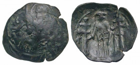 Andronicus III Palaeologus. 1328-1341. AE trachy (24.7 mm, 2.31 g, 7 h). Thessalonica mint. Facing bust of St. Demetrius / Andronicus standing holding...