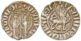 Armenian Kingdom, Cilician Armenia. Hetoum I. 1226-1270. AR hemi tram (20.3 mm, 2.93 g, 7 h). "marching lion" type. Zabel and Hetoum standing facing o...