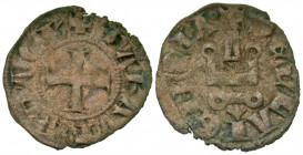 Crusader States, Frankish Greece. Principality of Achaea. Maud of Hainant. 1316-1318. BI denier (18.6 mm, .84 g, 5 h). Glarentza mint. cross pattee; p...