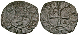 Italy, Sicily-Messina. Federico II. 1197-1250. BI denaro (18.4 mm, .65 g, 1 h). 1225. Cross / Bust left. MIR 93; Biaggi 1258. VF-XF.