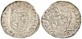 Italian States, Urbino. Francesco Maria II. 1574-1624. AR 30 quattrini (27.6 mm, 2.62 g, 11 h). Arms / St Giacomo and St Giovanni standing. Mar 3918 v...