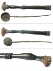 A pair of Roman bronze implements. The first is a nice Roman bronze spoon, ca. 1st - 3rd Century. , with hemispherical bowl and straight handle, L: 5 ...