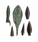 A group of 6 bronze arrowheads. Lot includes a Near Eastern leaf-shaped type, ca. 1000 - 600 B.C. , as well as 5 Greek-Scythian trilobate types, c. 3r...
