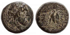 SYRIA. Seleucis and Pieria. Circa 2nd -1st century BC. Ae (bronze, 4.44 g, 16 mm). Zeus to right. Rev. ΣΕΛΕYKEΩN TΩN / EMΠIEPIAI Eagle to left. Date a...