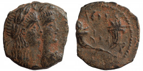 NABATAEA. Aretas IV, with Shaqilat, 9 BC-AD 40. Ae drachm (bronze, 3.53, 18 mm). Petra, struck AD 20-40. Jugate busts of Aretas and Shaqilat right; Ar...