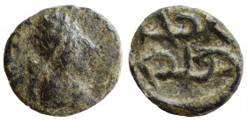 KINGS OF OSRHOENE (EDESSA). Ma'nu VIII Philoromaios, 167-179. Ae (bronze, 0.92 g, 11 mm). Draped bust of Ma'nu VIII to right, wearing conical tiara. R...