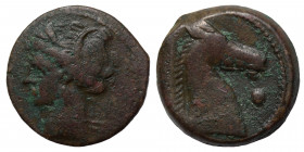 Greek CARTHAGE. Circa 300-264 BC. Ae unit (Shekel?) (bronze, 4.76 g, 19 mm). Carthage. Wreathed head of Tanit left; pellet below neck. Rev. Head of ho...