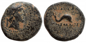 Greek. Ae (bronze, 2.00 g, 13 mm). Very fine. Bust right. Rev. Legend in two lines; Dolphin to right. Very fine.