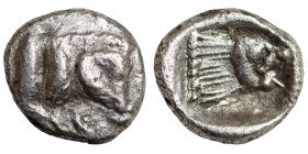 BACTRIA. Greco-Bactrian Kingdom. Uncertain mint, circa 4th century BC. Ar obol (silver, 0.80 g, 10 mm) Forepart of boar to right. Rev. Head of roaring...
