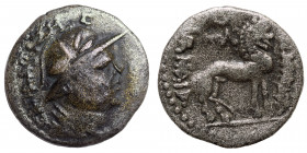 YUEH-CHI. Sapadbizes, late 1st century BC. Hemidrachm (silver, 0.96 g, 15 mm). CAΠAΛBIZHS Draped bust to right, wearing crested Macedonian helmet ador...
