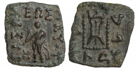 INDO-SKYTHIANS. Maues, circa 125-85 BC. Ae chalkous (bronze, 1.75 g, 16x14 mm). Apollo standing facing slightly left, holding arrow and resting hand o...