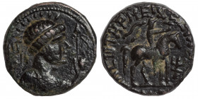 INDIA, Kushan Empire. Vima Takto (Soter Megas), circa 80-105. Ae tetradrachm (bronze, 8.21 g, 19 mm) Radiate, diademed and draped bust right with scep...