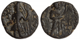INDIA, Kushan Empire. Kanishka I, circa 127-152. Ae drachm (bronze, 4.11 g, 16 mm). ÞAO ΚANηρKI Kanishka I standing front, head to left, sacrificing w...