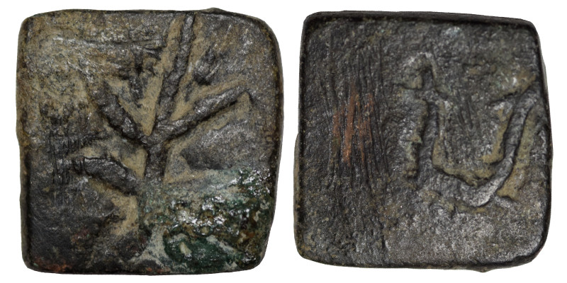 INDIA, post Kushan. Ae (bronze, 2.98 g, 14x14 mm). Branch. Rev. Tamgha (?). Very...
