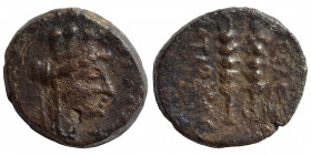 SYRIA, Seleukis and Pieria. Antioch. Pseudo-autonomous, 1-2nd century. Ae (bronze, 2.51 g, 15 mm) Tyche left. Rev. ANTIOXOY [..] two standards (?). Go...