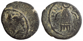 MESOPOTAMIA, Carrhae. Septimius Severus (or Caracalla?), 193-211. Ae (bronze, 1.85 g, 15 mm). Illegible inscription, laureate head right Rev. Baetyl, ...
