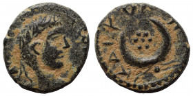 MESOPOTAMIA. Carrhae. Caracalla (?) , 198-217. Ae (bronze, 2.64 g, 16 mm) [AYT K M ANTΩNINOC] (?) Radiate, draped and cuirassed bust of Elagabalus to ...