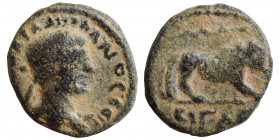 JUDAEA. Caesarea Maritima. Hadrian, 117-138. Ae (bronze, 1.68 g, 13 mm). Laureate bust right, slight drapery on left shoulder. Rev. Lion walking right...