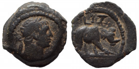 EGYPT. Alexandria. Trajan, 98-117. Dichalkon (Bronze, 1.88 g, 14 mm). Laureate head of Trajan to right. Rev. L IZ (date) Elephant or rhinoceros walkin...
