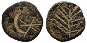 LEVANT REGION, uncertain. Crude style coin imitation or token. Ae (bronze, 1.46 g, 13 mm). Crescent, star. Rev. Branch.