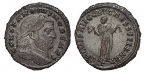 Constantius I, as Caesar, 293-305. Follis (silvered bronze, 9.98 g, 27 mm). Carthage, struck 298-299. CONSTANTIVS NOB CAES laureate head right. Rev. S...