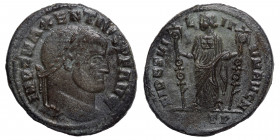 Maxentius, 307-312. Nummus (bronze, 6.27 g, 26 mm). Ostia, struck 309-312. IMP C MAXENTIVS P F AVG laureate head right. Rev. FIDES MILITVM AVG N Fides...