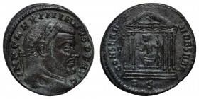 Maximianus. Second reign, 307-308. Follis (bronze, 6.48 g, 26 mm), Rome. IMP C MAXIMIANVS P F AVG Laureate head right. CONSERV VRB SVAE Roma, helmeted...