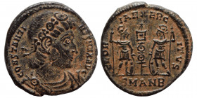 Constantine I, 307/310-337. Follis (bronze, 1.51 g, 16 mm ), Antioch. CONSTANTINVS MAX AVG rosette-diadem, draped, cuirassed bust right. Rev. GLORIA E...
