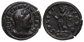 Constantine I, 307/10-337. Follis (bronze, 1.58 g, 18 mm). Treveri (Trier), struck 310/1. CONSTANTINVS AVG laureate and cuirassed bust right. Rev. SOL...