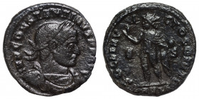 Constantine I, 307/310-337. Follis (bronze, 2.77 g, 20 mm). Treveri (Trier) IMP CONSTANTINVS AVG. Laureate, draped, and cuirassed bust right. Rev. SOL...