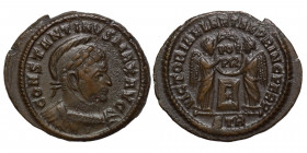 Constantine I, 307/310-337. Follis (Bronze, 2.97 g, 20 mm). Trier, struck 319. CONSTANTINVS MAX AVG Bust of Constantine I, laureate, helmeted, cuirass...