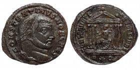 Constantine I, as Caesar, 306-309. Follis (bronze, 6.40 g, 27 mm), Rome. CONSTANTINVS NOB CAES Laureate head right. Rev. CONSERVATORES VRB SVAE Roma s...