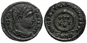 Constantine I, , 307/310-337. Follis (bronze, 3.28 g, 19 mm), Heraclea. CONSTANTINVS AVG laureate head right. Rev. DN CONSTANTINI MAX AVG; VOT XX star...