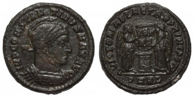 Constantine I, 307/310-337. Follis (Bronze, 3.05 g, 18 mm), Arelate (Arles), struck 319. IMP CONSTANTINVS MAX AVG helmeted, laureate and cuirassed bus...