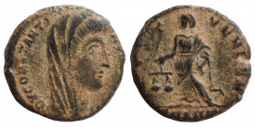 Divus Constantine I, died 337. Follis (bronze, 2.07 g, 14 mm), Antioch. D V CONSTANTINVS PT AVGG, veiled bust to right. Rev IVST VEN MEM, Aequitas sta...