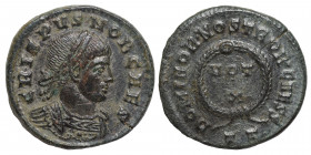 Crispus, Caesar, 316-326. Follis (Bronze, 3.13 g, 19 mm), Ticinum, 320-321. CRISPVS NOB CAES Laureate and cuirassed bust of Crispus to right. Rev. DOM...