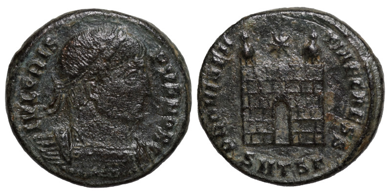 Crispus. Caesar, AD 316-326. Æ Follis (bronze, 3.16 g, 19 mm). Thessalonica, str...