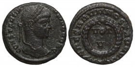 Constantine II, as Caesar, 316-337. Follis (bronze, 2.78 g, 18 mm). Siscia (?). CONSTANTINVS IVN NOB C. Laureate head right. Rev. CAESARVM NOSTRORVM, ...