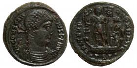 Constantius II, 337-361. Centenionalis (bronze, 5.91 g, 24 mm). Thessalonica, struck 350. DN CONSTANTIVS PF AVG, pearl-diademed, draped, and cuirassed...