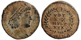 Constantius II, 337-361. Nummus (bronze, 1.96 g, 14 mm). Antioch, struck 347-348. DN CONSTANTIVS PF AVG pearl-diademed, draped and cuirassed bust righ...