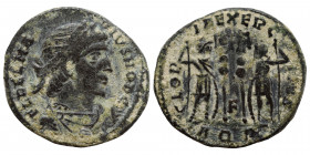 Delmatius, 335-337. Follis (bronze, 2.43 g, 23 mm). Aquileia, struck 336-337. FL DELMA-TIVS NOB C Laureate, draped, and cuirassed bust right. Rev. GLO...