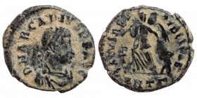 Arcadius (?), 383-388. Nummus (bronze, 0.77 g, 13 mm), Antioch. D N ARCADIUS P F AVG, pearl-diademed, draped and cuirassed bust right. Rev. SALVS REI ...