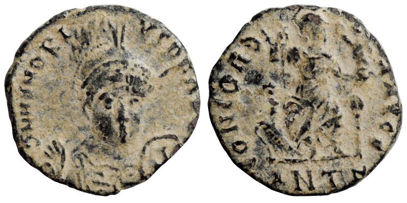 Honorius, 393-423. Follis (bronze, 1.18 g, 14 mm). Antioch, struck 401-403. D N ...
