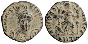 Honorius, 393-423. Follis (bronze, 1.18 g, 14 mm). Antioch, struck 401-403. D N HONORIVS P F AVG pearl-diademed, helmeted and cuirassed bust facing sl...
