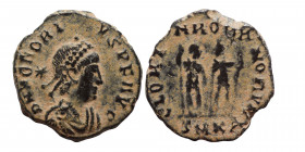 Honorius, 393-423. Follis (bronze, 1.77 g, 16 mm). Cyzicus, struck A.D. 408-423. D N HONORI-VS P F AVG Bust of Honorius, pearl-diademed, draped, cuira...