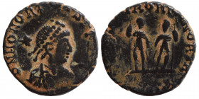 Honorius, 393-423. Follis (bronze, 1.40 g, 14 mm). Heraclea, struck 408-423. D N HONORI-VS P F AVG; Bust of Honorius, pearl-diademed, draped, cuirasse...