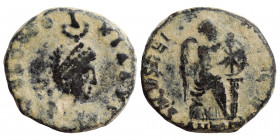 Aelia Eudoxia, 400-404. Follis (bronze, 2.70 g, 15 mm). Antioch, struck 401-403. AEL EVDOXIA AVG diademed and draped bust right, being crowned manus D...