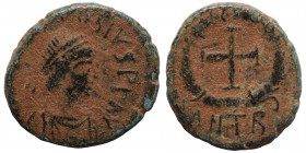 Theodosius II, 402-450. Nummus (bronze, 1.13 g, 12 mm). Antioch, 425-435. D N THEODOSIVS P F AVG diademed, draped and cuirassed bust of Theodosius II ...
