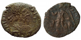 Johannes, usurper, 423-425. Ae (bronze, 1.23 g, 12 mm), Rome. D N IOHANNES P F AVG Pearl-diademed, draped and cuirassed bust of Johannes to right. Rev...